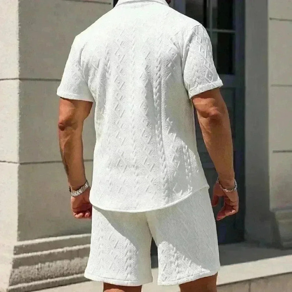White Casual Men's Summer Solid Textured Shirt And Shorts Set - Picture 3 of 5
